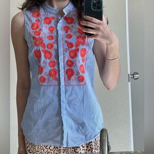 Brooks Brothers Sleeveless Blue Top with Red Embroidery
